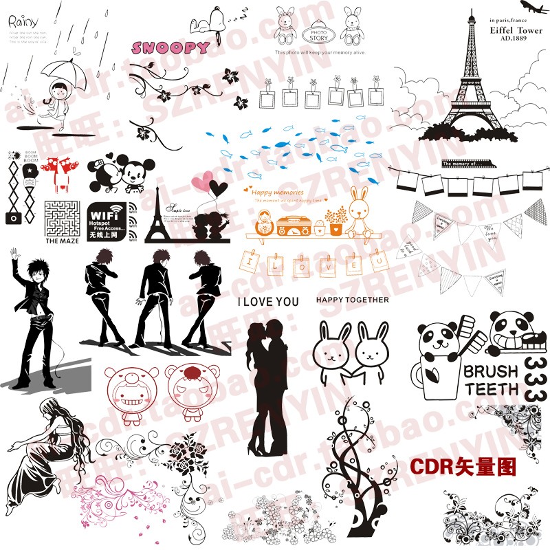 C88兔子人物欧式花纹铁塔等墙贴印画雕花刻矢量图CDR格式设计素材