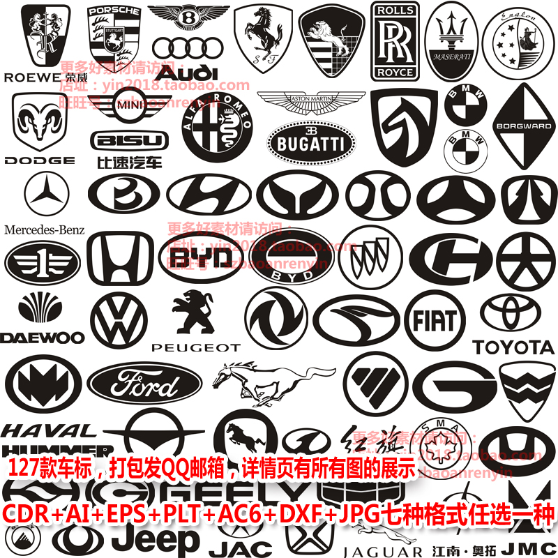 cdr格式+AI格式+EPS格式+PLT格式+AC6格式+DXF格式+JPG图片格式，素材是打包发QQ邮箱的。请看准格式，选择一种自己能打开的格式。共127款式
