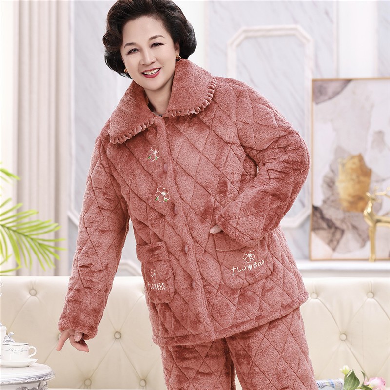 中老年三层铺棉睡衣秋冬季女士妈妈奶奶保暖棉袄女加绒加厚家居服