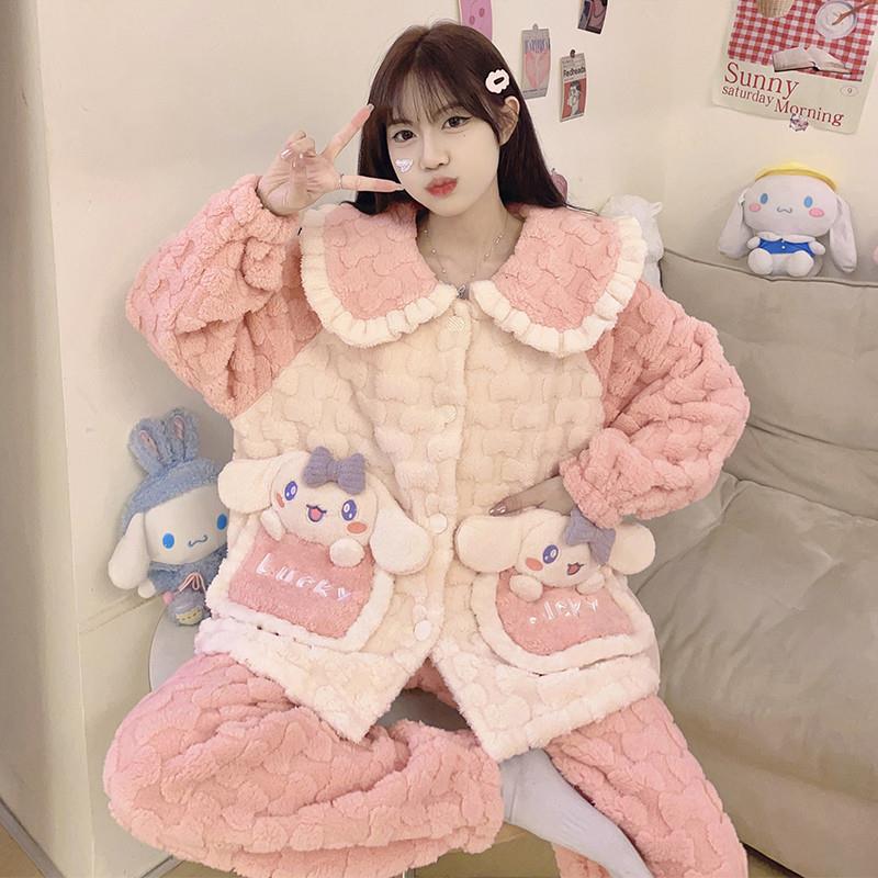 女童珊瑚绒睡衣秋冬季加厚款法兰绒玉桂狗儿童宝宝女孩家居服套装