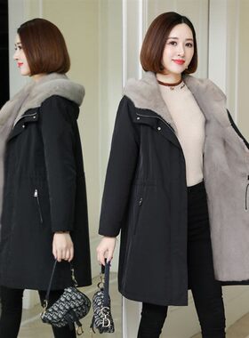 加绒派克服2026冬款皮草外套中长款大码棉服女加厚羊剪绒内胆大衣