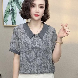 T恤2025时尚 夏季 翻领短袖 新款 拼接洋气百搭气质减龄上衣女 妈妈装