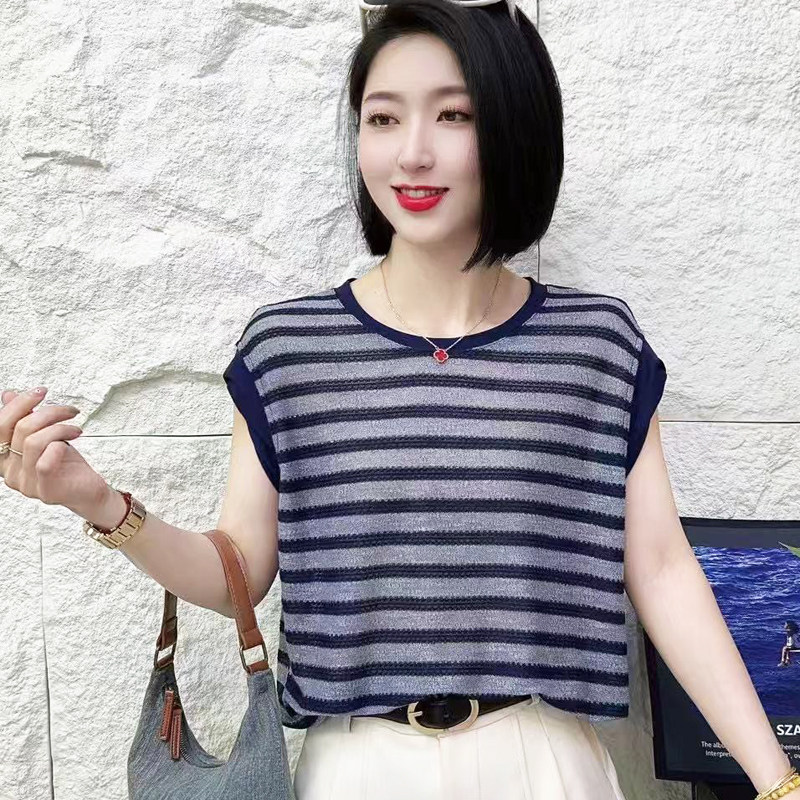 欧货设计感撞色条纹无袖T恤女夏季新款宽松慵懒风显瘦背心上衣潮