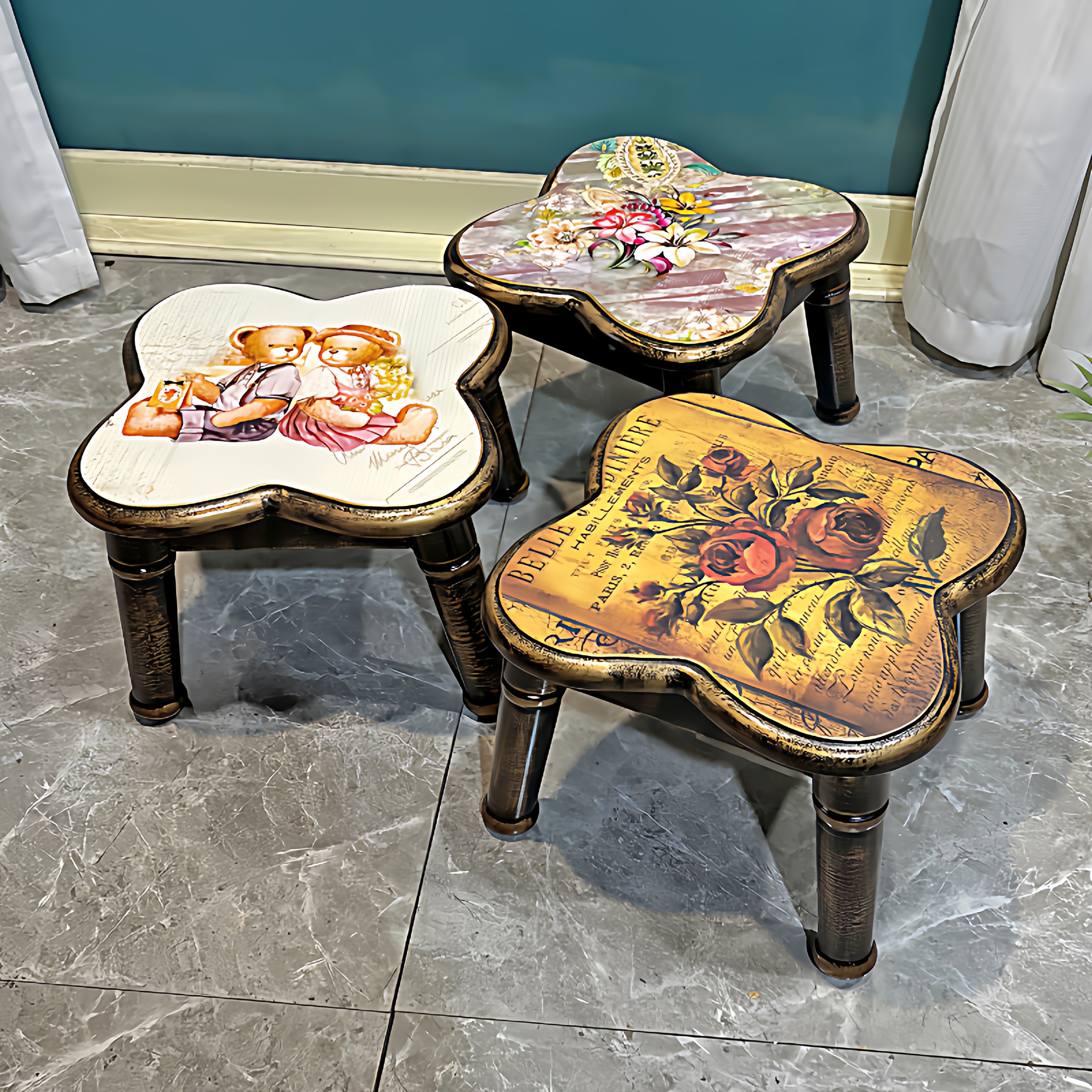 美式乡村实木花瓣小凳子家用儿童可爱矮凳坚实耐用茶几板凳换鞋凳