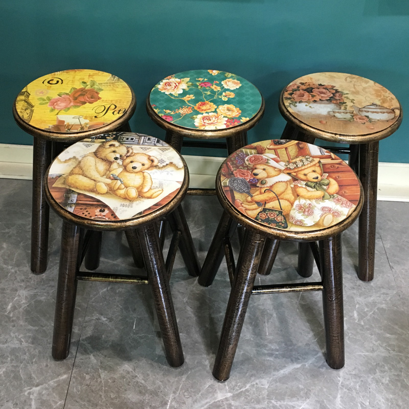 美式乡村小凳子家用餐桌凳椅子简约现代高圆凳成人实木质仿古板凳