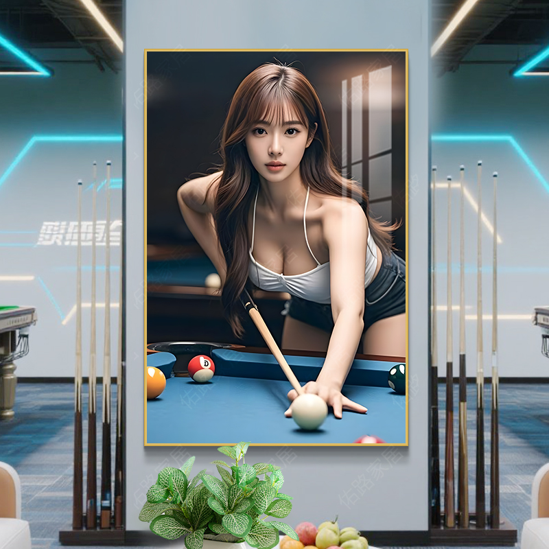 台球室装修设计墙面美女背景墙挂画桌球室海报灯定制台球厅装饰画