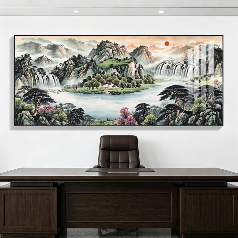 办公室挂画聚宝盆山水画中式画客厅装饰字画沙发公司背景墙壁挂画