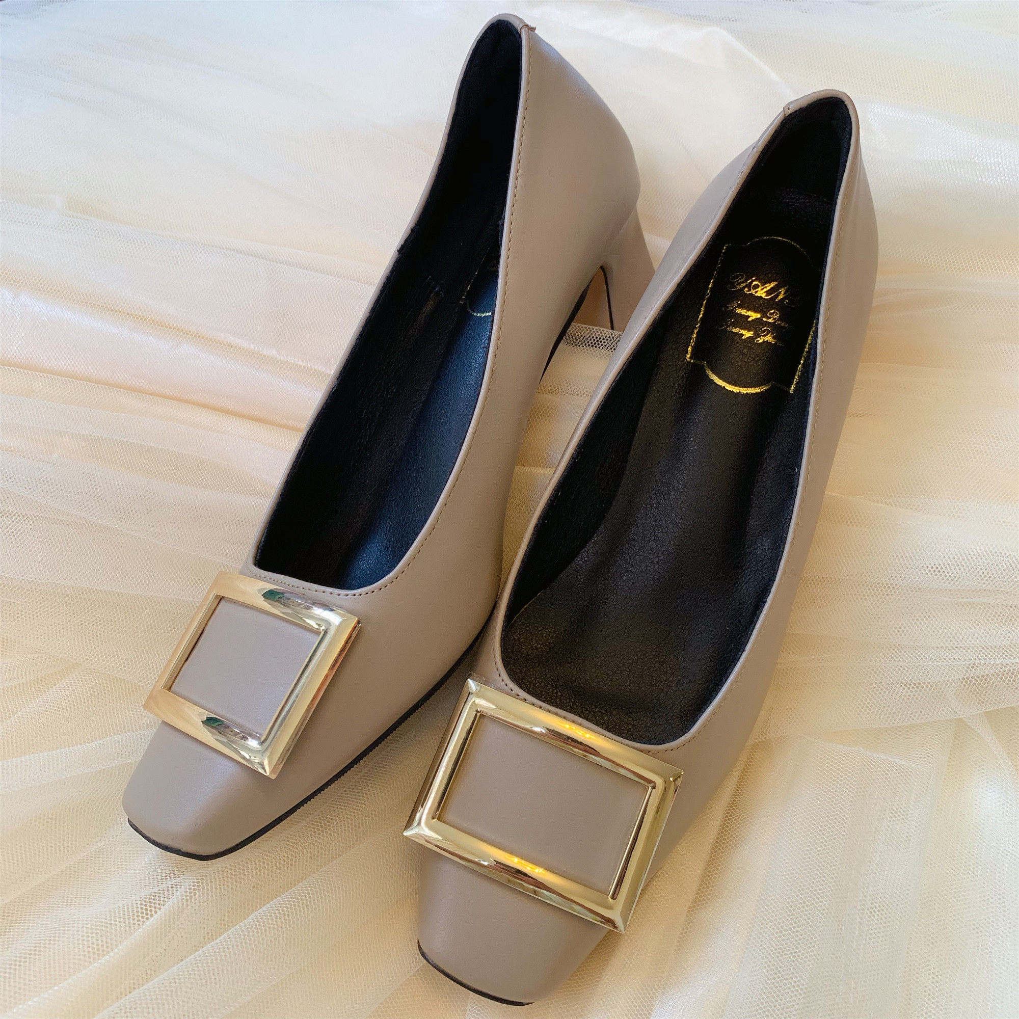 大象灰金属方扣高跟鞋法式浅口方头杂志款气质通勤复古百搭单鞋女