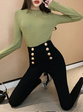 双排扣高腰弹力九分铅笔裤子女2023黑色大码显瘦破洞打底裤女外穿