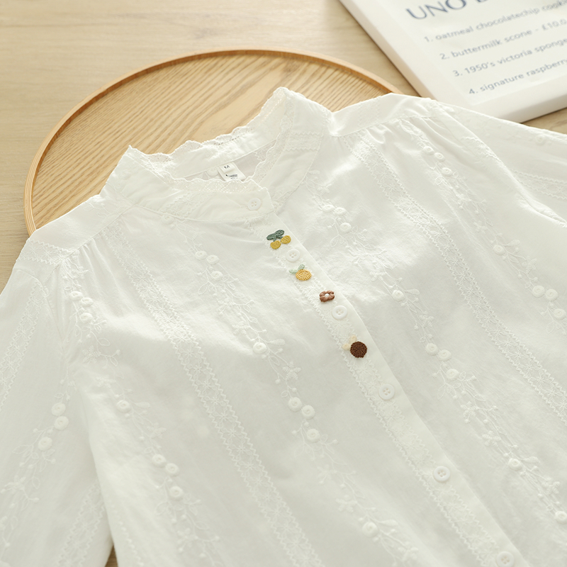 2025春季文艺小清新暗纹刺绣雏菊立领蕾丝宽松纯棉白衬衫女长袖潮