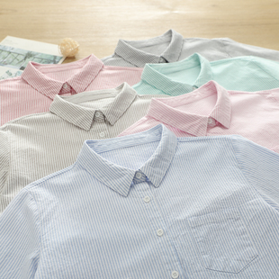 2025秋季文艺小清新条纹宽松纯棉牛津纺衬衫女长袖打底衫内搭学生