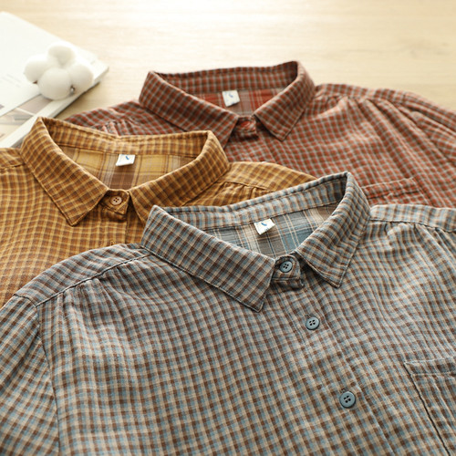 2025春季复古文艺小清新格子翻领双层棉纱衬衫女长袖打底衫大码潮