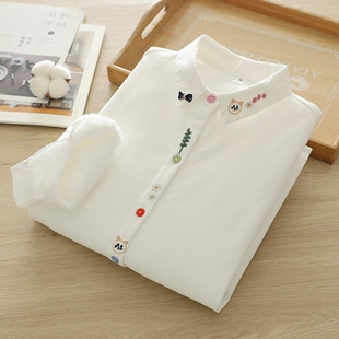 文艺小清新刺绣猫咪雏菊宽松纯棉正肩加绒加厚白衬衫女长袖打底衫