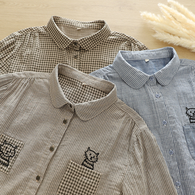 2025春季文艺小清新刺绣猫咪竖条纹格子宽松双层棉纱衬衫女长袖潮