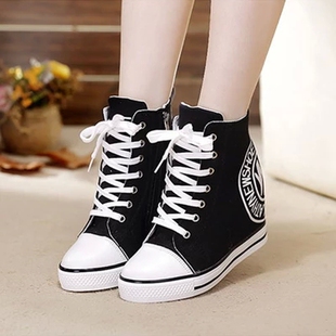 松糕厚底系带休闲高帮学生 韩版 隐形内增高7cm秋季 高坡跟帆布女鞋