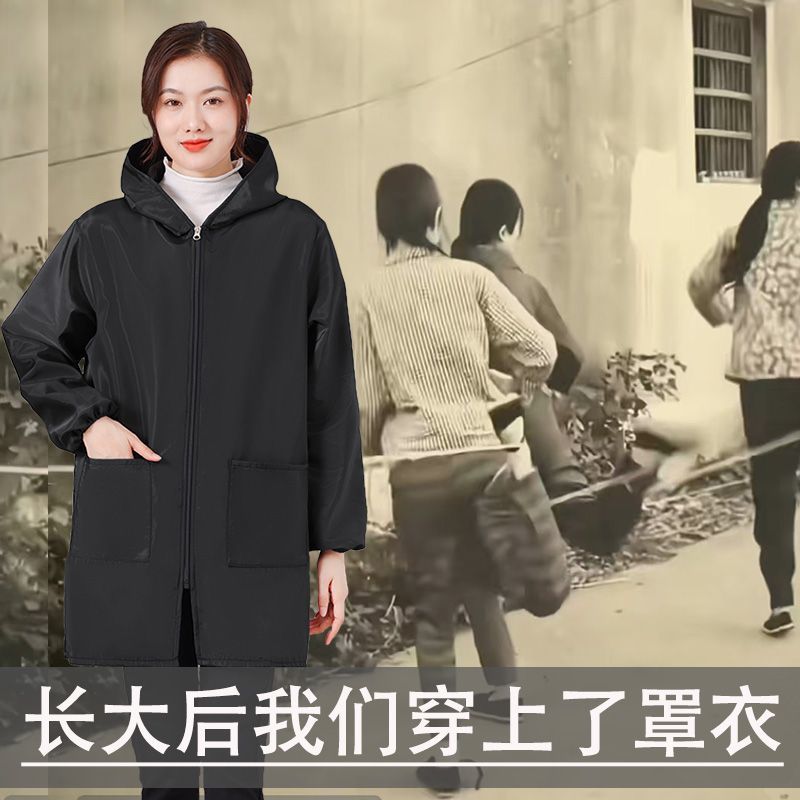 成人罩衣厨房防水耐脏女士家用围裙冬加绒长袖外套带帽工作服大褂