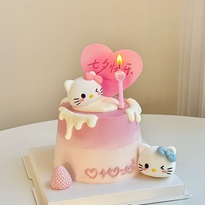 2.14情人节软胶KT猫蛋糕装饰七夕快乐卡片情侣表白纪念日摆件