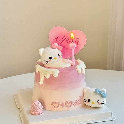 2025七夕情人节软胶KT猫蛋糕装饰七夕快乐卡片情侣表白纪念日摆件