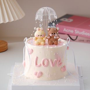 网红情人节蛋糕装饰软胶爱心熊兔摆件透明小雨伞情侣告白甜品插件