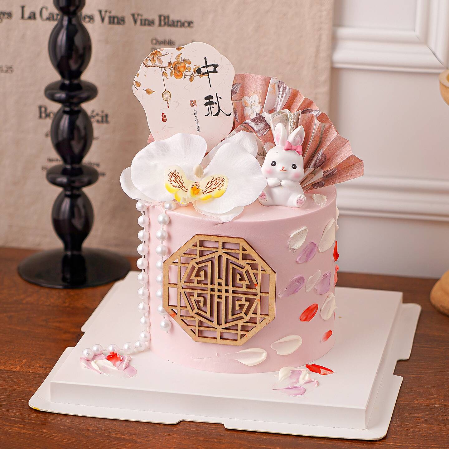2025中秋节蛋糕装饰可爱卡通小兔子摆件中式折扇蝴蝶兰甜品插件