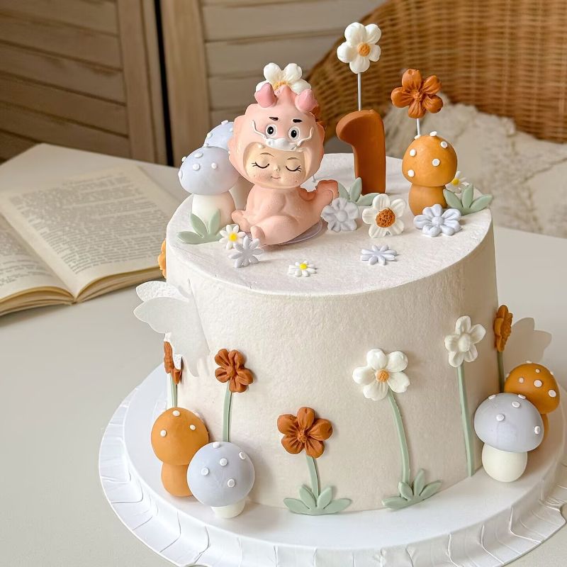 女生生日粉色系儿童龙宝宝生日小花蛋糕装饰甜品花朵蘑菇装扮插件