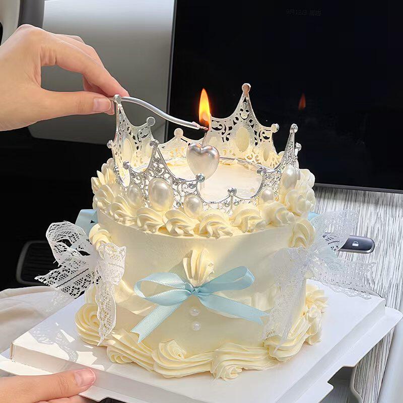 网红珍珠大皇冠女神生日蛋糕装饰摆件丝带蝴蝶结芭蕾风小公主插件