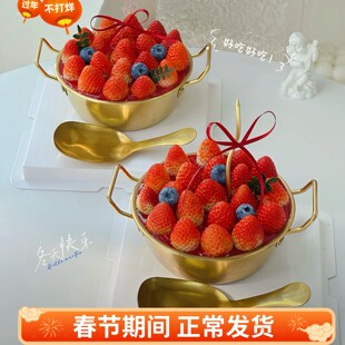 网红圣诞节新年不锈钢金色双耳碗草莓蛋糕不锈钢锅草莓跨年甜品碗
