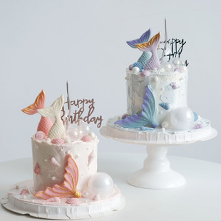 新款海洋系主题蛋糕装饰唯美蓝色粉色紫色软胶鱼尾生日甜品摆件