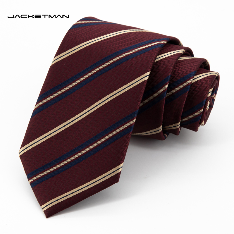 Jacketman酒红时尚杏蓝条纹领带