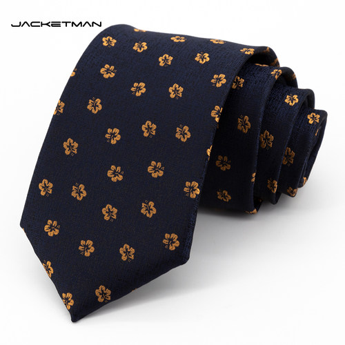 Jacketman领带男宽版深蓝色商务职业正装时尚黄色小花朵8cm礼盒款