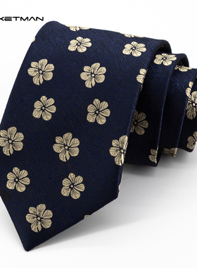 Jacketman领带男韩版深蓝色时尚浅金色花朵复古正装潮流宽版8cm款