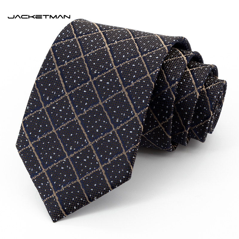 Jacketman领带男韩版深咖色商务职业正装白色格纹碎点8cm宽礼盒款