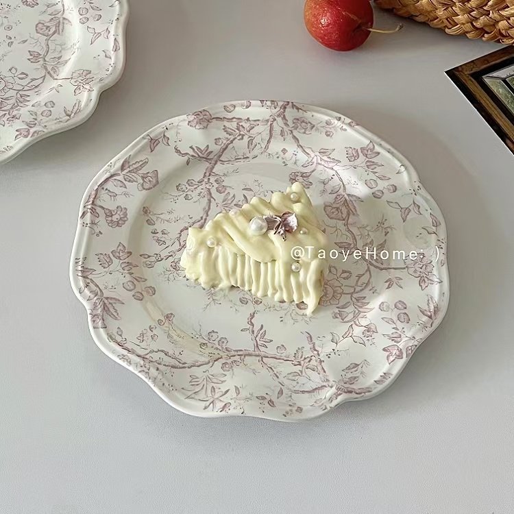 法式复古浮雕花边陶瓷盘梦幻粉花卉西餐盘家用菜盘甜品盘高级餐具,餐饮具,盘,淘宝优惠券,粉丝福利购,淘宝优惠卷