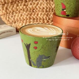 复古景德镇粗陶手绘森林小红帽猪口杯咖啡杯高颜值小众杯子马克杯
