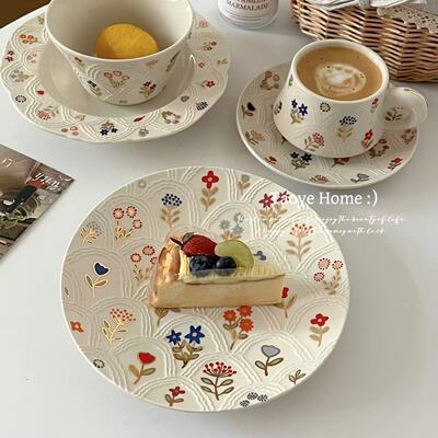 ins法式闪光花卉甜品盘子咖啡杯