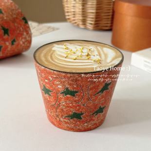 复古景德镇手作粗陶雕刻柿子猪口杯釉下彩咖啡杯拿铁拉花手握杯子