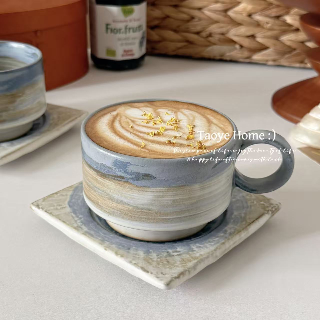 手作复古绝美咖啡杯碟蓝白高颜值小众拿铁杯日式咖啡杯子设计感