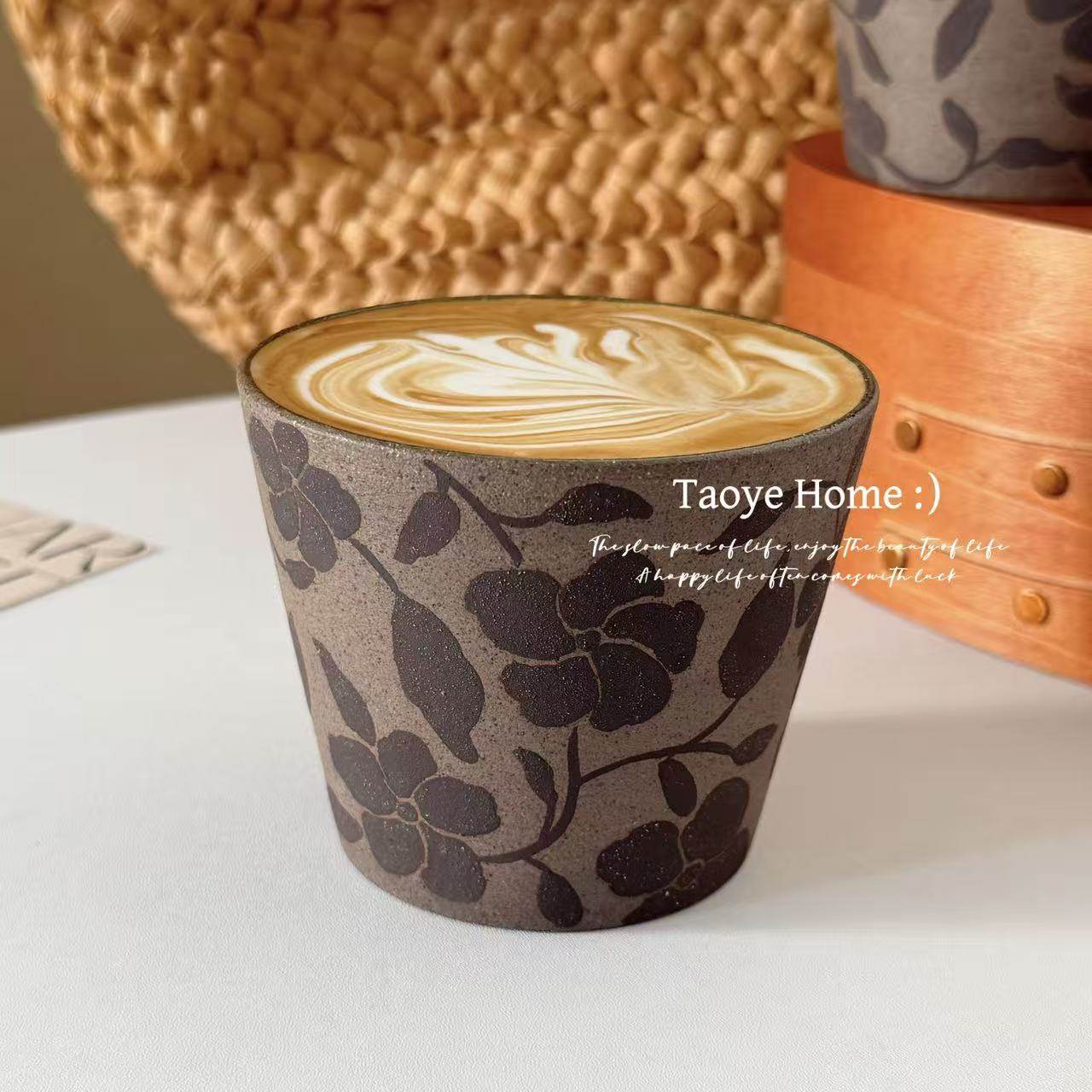 景德镇手作粗陶复古蕾丝紫砂猪口杯釉下彩咖啡杯拿铁拉花杯手握杯,餐饮具,咖啡杯,淘宝优惠券,粉丝福利购,淘宝优惠卷