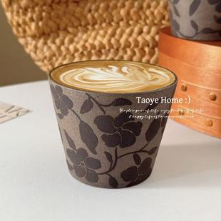 景德镇手作粗陶复古蕾丝紫砂猪口杯釉下彩咖啡杯拿铁拉花杯手握杯