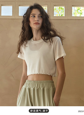 2023春夏新款运动健身短款小上衣女透气速干宽松跑步短袖运动恤