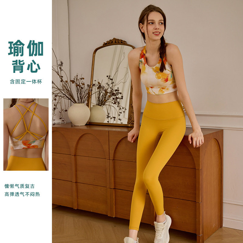 欧美跨境时尚运动文胸防震内衣带胸垫聚拢美背心瑜伽服套装健身裤