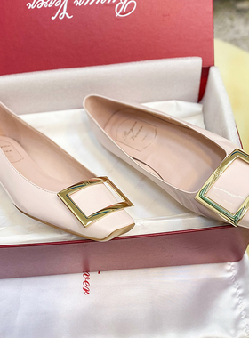 2026新款裸色平底单鞋女rv方扣女鞋方头漆皮职场通勤浅口牛皮鞋子