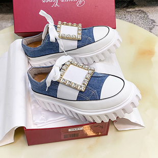 2025早春新款rv女鞋钻扣帆布鞋气质休闲运动鞋厚底板鞋百搭小白鞋