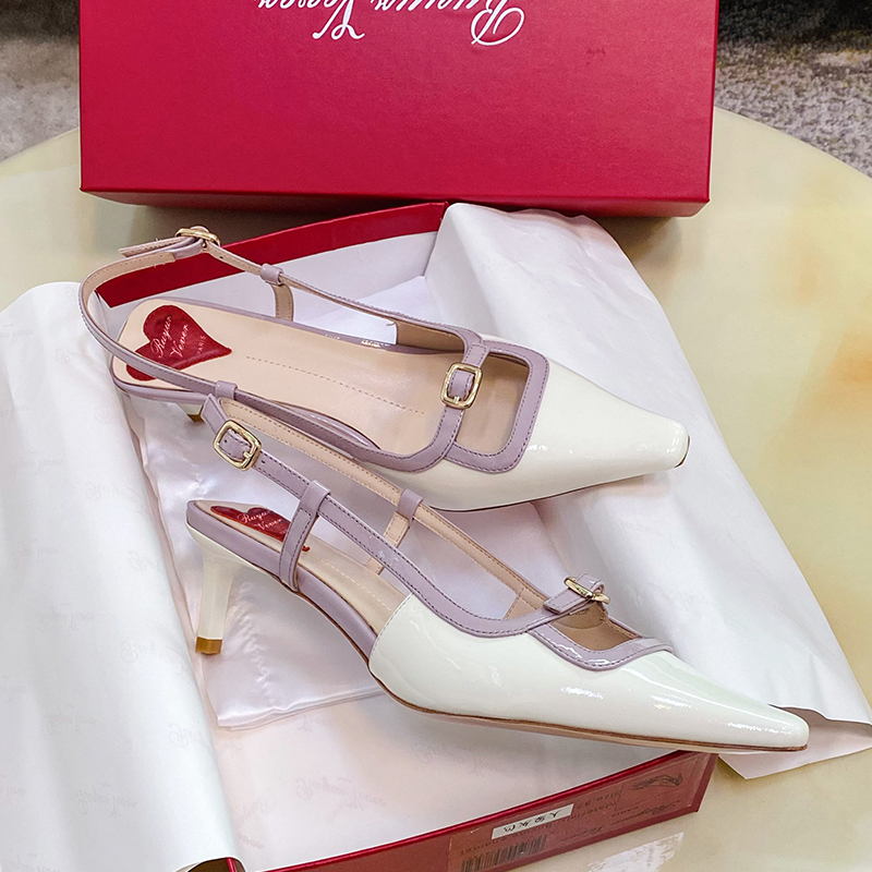 2025新款漆皮百搭单鞋小方头高跟鞋迷你饰扣后空一字带凉鞋女