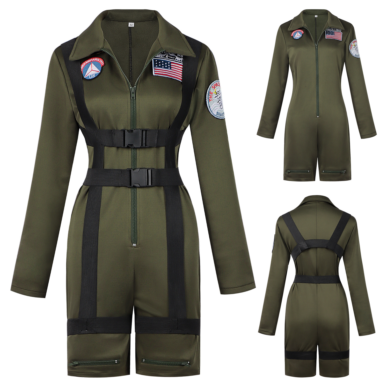 跨境女款飞行员壮志凌云军绿制服扮演COS万圣节连体衣成人舞台装