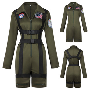 跨境女款飞行员壮志凌云军绿制服扮演COS万圣节连体衣成人舞台装