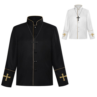 万圣节牧师服 中世纪神职人员cos神父外套罗马卡斯带立领舞台衣服