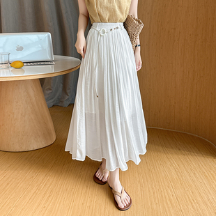波西米亚度假风白色中长款半身裙女2026夏新款显瘦a字百褶裙长裙