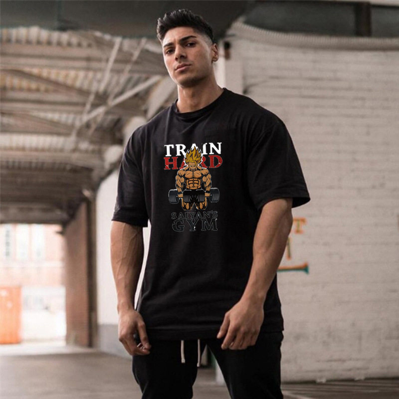 跨境夏季健身男士训练印花宽松运动肌肉外贸运动跨栏撸铁大码短袖