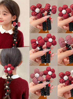 儿童编发神器新年红色泡泡辫头绳2025新款女童电话线发圈发绳头饰